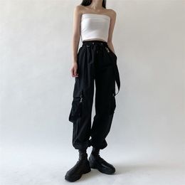 QWEEK Goth Cargo Pants Women Punk s Harajuku High Waist Oversize Detachable Strap Casual Trousers Emo Techwear 211115