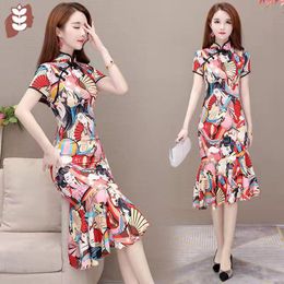 Ethnic Clothing Vintage Women's Traditional Chinese Cheongsam Dress Modern Vestido Printing Short Sleeve Elegant Retro Qipao Plus SizeEt