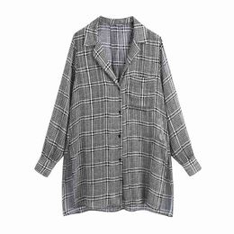 Streetwear Women Grey Plaid Shirts Fashion Ladies V-Neck Button Blouses Elegant Female Causal Chiffon Pocket Shirt 210527