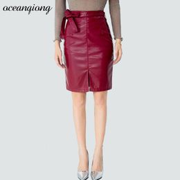 Skirts 2021 Autumn Winter Faux Leather Pencil Women Split Midi Skirt High Waist Slash Wrap Bodycon Solid PU Slim Saia