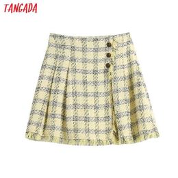 Tangada Women Fashion Plaid Print Tweed Skirt Vintage High Waist Back Zipper Female Skirts Mujer BE108 210609