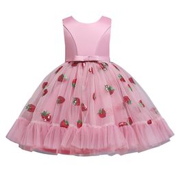 Strawberry Summer girl stereo formal dress High quality Elegant flower bow princess dress Children's piano performance dress 210303