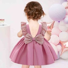 2021 Newborn Dress 1st Birthday Dress For Baby Girl Clothes Bow Princess Baptism Dresses Sequin Party Dress Evening Backless G1129