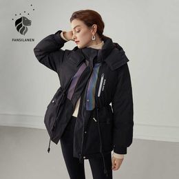 FANSILANEN Reflective glowing hooded short down jacket Women casual white winter puffer coat Feather thermal black parka 210607