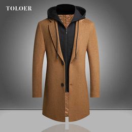 Homens de lã com capuz combina casacos de negócios inverno engrossar quente homens à prova de vento homens casaco de lã slim longo casual homens roupas 211011