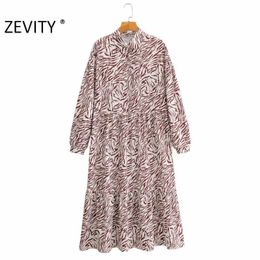 Zevity Autumn Women Vintage Animal Texture Print Shirt Dress Office Ladies Chic Pleats Big Swing Casual Business Vestido DS4548 210603