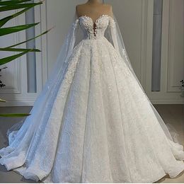 Elegant White A Line Wedding Dresses With Cape Lace Sequined Plus Size Bridal Gowns Arabic Robes De Marie 0505 0505