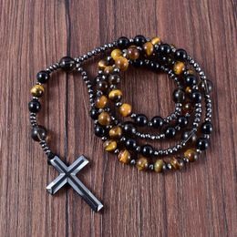 Natural Black Onyx With Tiger Eye Stone Catholic Christ Rosary Necklaces Hematite Cross Pendant Men Necklace Meditation Jewellery