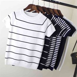 Plus Big Size Summer Short Sleeve Striped Pullover Women Sweater Knitted Sweaters Tops Korean Pull Femme Jumper Female 210805