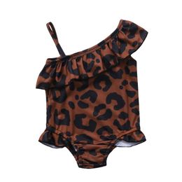 One Pieces 1-5 Years Baby Summer Beach Clothes Leopard One-piece Bikini Kids Girl Swimwear Ruffles Swimsuit Oblique Shoulder Bathing Suit