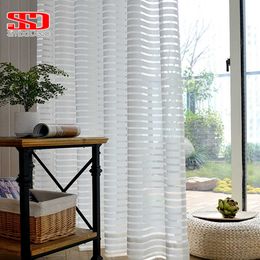 Modern Striped Tulle Curtain for Living Room White Voile Short Sheer Curtain for Bedroom Window Treatment Single Panel Kitchen 210712