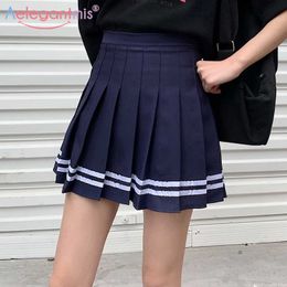 Aelegantmis Sweet Lolita High Waist Pleated Skirt Women Girls Harajuku Mini s Lady Stripe Short School Uniform Korean 210607