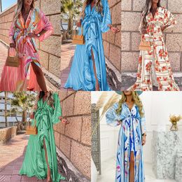 Fashion Print Long Dress With Split 2021 Summer V-Neck Mid-sleeve Floor-Length Female Dress Casual Vacation Women Clothing Y1006