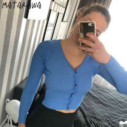 MATAKAWA Sexy Long Sleeve Button's Sweater Patchwork Fashion Ribbed Slim Sweaters Ladies Knitted Cardigan 210922