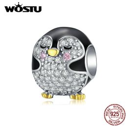 WOSTU 925 Sterling Silver Chubby Penguin Bead Zircon Black Charms Fit Original Bracelet Necklace For Women Lovely Jewelry CTC126 Q0531