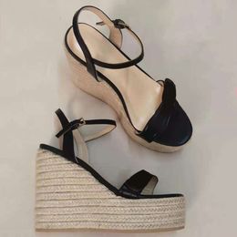 Women Leather Platform Espadrille Sandals Pump Designer Lady Adjustable Ankle Strap Buckle Cord Wedge-shaped 85mm Heel Sandal Black High Heels 13CM 291