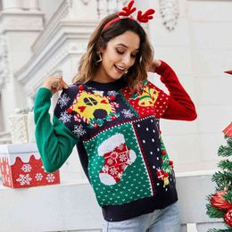 Ugly Christmas Sweater Patchwork Bells Tree Socks Printed Knitted Sweaters Round Neck Xmas Female Cute Cartoon Pullover 2022 Y1118