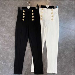 DEAT Autumn Spring Women Fashion Double Breasted Golden Button Decoration High Waist Slim Casual Pencil Pants RC768 210709