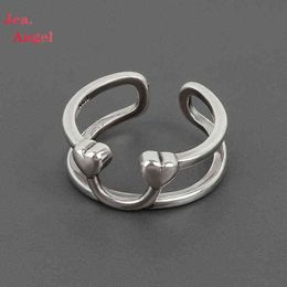 Jea.Angel 925 Silver Love-Heart Smiling Face Personality Double Smooth Simple Design Opening Ring Retro Jewelry For Couple Gifts G1125