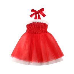 Christmas Dress Girls Princess Baby Girl Clothes Sweet Party Furry Edges Grid Dresses Sleeveless Little Girl Clothes Ball Gown Q0716