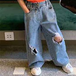 Girls Pants Personality Ripped Wide Leg Jeans Trousers Spring And Summer Fashion Kids Clothes Children'S Clothing 210625