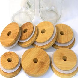 Bamboo Cap Lids 70mm 86mm Reusable Jar Lids with Straw Hole and Silicone Seal