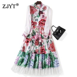 Lace Patchwork Floral Printing Runway Long Dress Women Elegant Spring Robe Fashion Designer Beading Chiffon Holiday Party Dress 210601