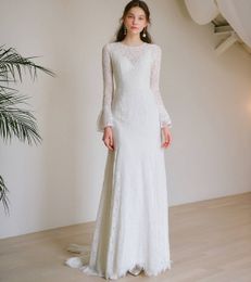 Elegant Full Lace Mermaid Wedding Dresses Bell Long Sleeve 2021 Jewel Neck Sweep Train Bride Formal Bridal Gowns Cheap Engagement Dress