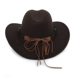 free hats Australia - Wide Brim Western Cowboy Hat Men Women Wool Felt Fedora Hats Leather Ribbon Bull Head Band Panama Cap337O