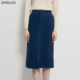 ZHISILAO Vintage Corduroy Bodycon Skirt Women Elegant Split Fork High Waist Long Skirt Midi Autumn Winter Saias Female 211120