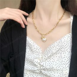 INS Style Thick Chain Necklace For Women Peach Heart Imitation Pearl Pendant Necklace Chic Fashion Jewellery Wholesale