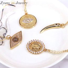 10PCS Vintage Virgin Mary Turkish Eye Pendant Necklaces CZ Horn Choker Gold Color Round Oval Necklace Chain Copper Jewelry Gift