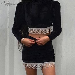 Ailigou Autumn Women'S High-Quality Top Beaded Fringed Skirt Sexy Backless Casual Chic Slim Velvet Celebrity Party Suit 220302