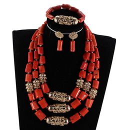 Earrings & Necklace Traditional Nigerian Wedding Coral Beads Jewellery Set Luxury Women Brides Real Dubai Gold Jewellery CNR901