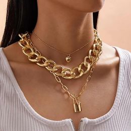 Pendant Necklaces SHIXIN 3Pcs Hiphop Heart/Lock Necklace For Women Punk Layered Thick Cuban Link Chain Choker On The Neck Jewelry