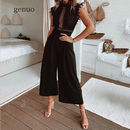 Women's Jumpsuits & Rompers Sexy Lace Hollow Out Jumpsuit Sleeveless Backless Black White Overalls 2021 Summer Wide Leg Ruffles Playsuits
