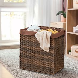 Modern Hand Woven Foldable PE Rattan Laundry Basket Stable Steel Frame Space Saving Ergonomic Handle Laundry Basket 210316