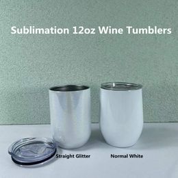 Sublimation STRAIGHT 12oz Glitter Wine Tumblers Mugs White Blanks Liquor Glass Stainless Steel Double Walled Insulated Vacuum Water Bottle Egg Mug DIY Party Supply
