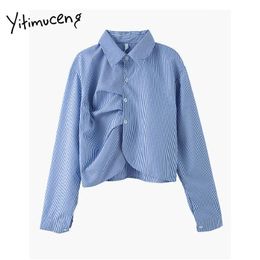 Yitimuceng Striped Blouse Women Vintage Folds Button Shirts Turn-down Collar Solid Spring Summer Korean Fashion Tops 210601