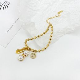 Link Chain Exquisite Chains Simulated Diamond With Peanut Pearl Shaped Bracelet Strand Bangles Jewelry For Women Daily AccessoriesLink