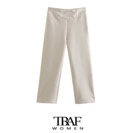 TRAF Za Women Fashion With Buttons Straight Pants Vintage High Waist Side Zipper Female Trousers Mujer Q0801