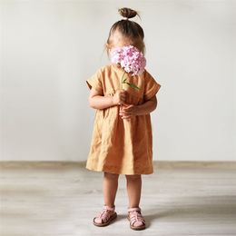 Girls Short-Sleeve Dress Summer Korean Children Cotton And Linen Princess Dress Literary Children's Clothing TZ03 210303