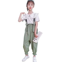 Teen Girls Clothing Lace Tshirt + Jumpsuit Clothes Casual Style For Summer Tracksuit Kids 6 8 10 12 14 210528