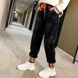 Girl Thicken Trousers Autumn and Winter Big Children's Clothes Korean Sports Pant Boys and Girls Loose Warm Casual Pants 13 Year 210303