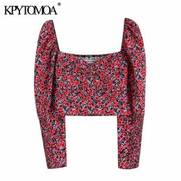 KPYTOMOA Women Fashion Floral Print Cropped Blouses Women Vintage V Neck Long Sleeve Back Elastic Female Shirts Chic Tops 210225