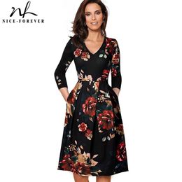 Nice-forever Vintage Solid Color V neckline Pinup Pockets vestidos A-Line Business Party Female Flare Swing Women Dress A126 210309