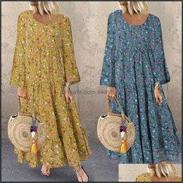 Casual Dresses Womens Clothing Apparel Maxi Beach Dress 2021 Autumn Long Sleeve Boho Kaftan Tunic Gypsy Ethnic Style Floral Print Plus Size