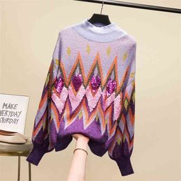 SuperAen Heavy Work Sequin Geometric Diamond-shaped Loose Top Retro Turtleneck Sweater Women 210918