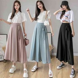 Spring And Summer Style Korean Pleated Chiffon Trousers Large Size Elastic Waist Casual Pants Hakama Woman 210925