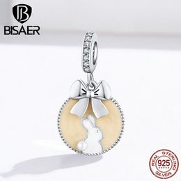 BISAER New Arrival 925 Sterling Silver Pendant Rabbit Engraved & Bowknot Charms Original Silver 925 Jewellery Making ECC1439 Q0531